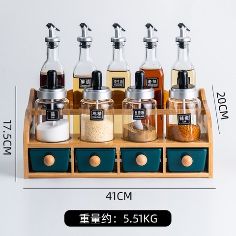 Bộ Hộp Đựng Gia Vị Gốm Sứ Xanh Ngọc Lục Bảo | Kèm Kệ Gỗ & Bình Đựng Dầu Thuỷ Tinh Cao Cấp - Gia dụng Plus