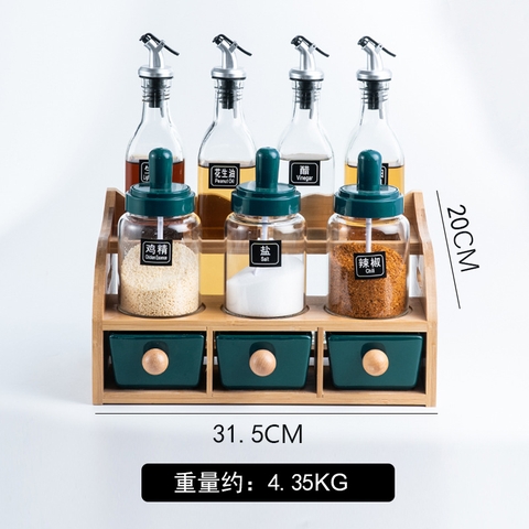 Bộ Hộp Đựng Gia Vị Gốm Sứ Xanh Ngọc Lục Bảo | Kèm Kệ Gỗ & Bình Đựng Dầu Thuỷ Tinh Cao Cấp - Gia dụng Plus