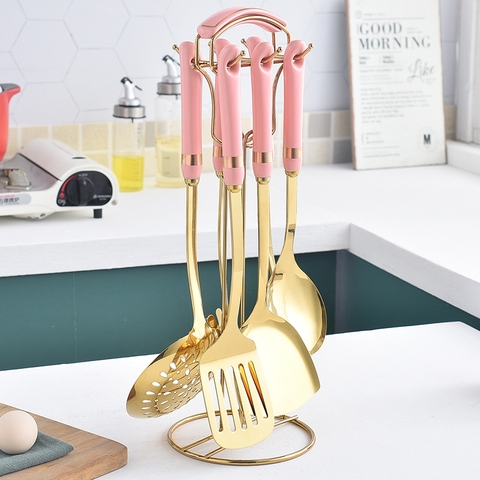 Bộ Thìa / Muôi / Muỗng /Xẻng Nấu Ăn Đa Năng Gốm Sứ Và Giá Treo Gọn Gàng (7 Món) Cao Cấp | Qianhuiju - Gia dụng Plus