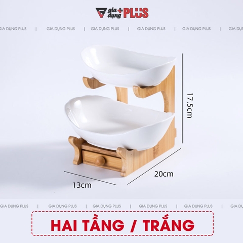 Đĩa Trái Cây Gốm Sứ Nhiều Tầng Kèm Kệ Gỗ Sang Trọng | Màu Xanh Ngọc Lục Bảo & Màu Trắng | Phong Cách Bắc Âu - Gia dụng Plus