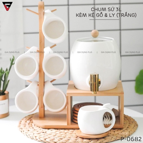 Bộ Chum Đựng Nước Sứ Có Vòi 3 Lít Kèm Kệ Gỗ & 6 Cốc Sứ Màu Trắng Cao Cấp