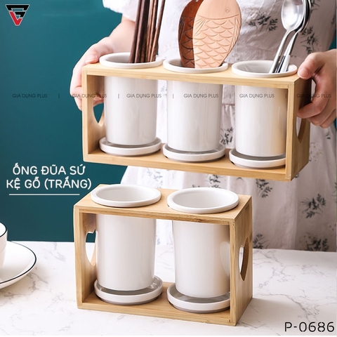 🔴OUTLET | Kệ đựng ống đũa bằng gốm sứ - kệ gỗ, có đĩa hứng nước sạch sẽ phong cách Bắc Âu