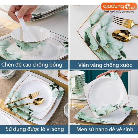 Bộ chén bát sứ BÁCH HỢP (Lily Flowers) cao cấp nhập khẩu - Set 10 người ăn gồm chén, bát, đĩa, tô, nồi, muỗng, đũa.. - Gia dụng Plus