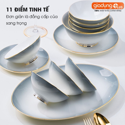 Bộ chén bát sứ Gradient Xám (Grey Gradient) cao cấp nhập khẩu - Set 10 người ăn gồm chén, bát, đĩa, tô, nồi sứ - Gia dụng Plus