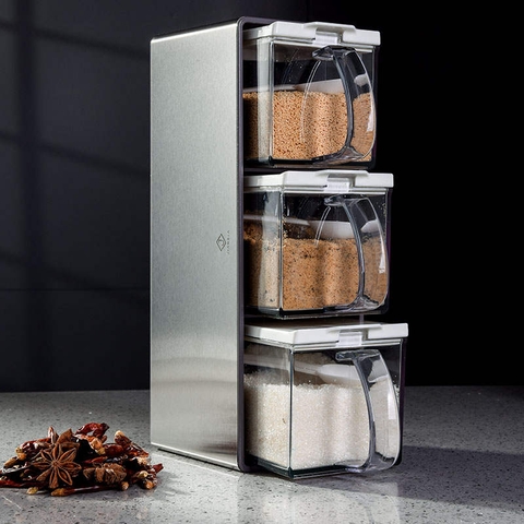 Bộ Lọ Đựng Gia Vị Nhựa AS Kèm Kệ Đặt Bằng Inox 304 | Phong Cách Nhật Bản Cao Cấp JIANXIA (JX-0305) - Gia dụng Plus