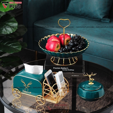 【Xả Kho】Hộp Đựng Khăn Giấy Gốm Sứ Xanh Ngọc Lục Bảo | Kèm Kệ Mạ Vàng Đựng Điều Khiển Từ Xa Đa Năng | Phong Cách Bắc Âu