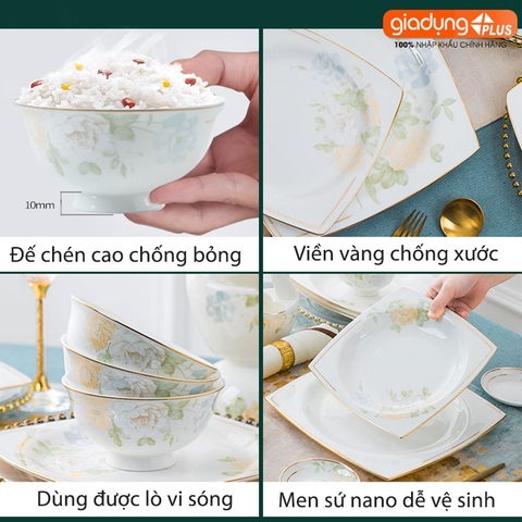 Bộ chén bát sứ HOA MỘNG ẢO (Mona Lavender) cao cấp nhập khẩu - Set 10 người ăn gồm chén, bát, đĩa, tô, nồi, muỗng, đũa.. - Gia dụng Plus