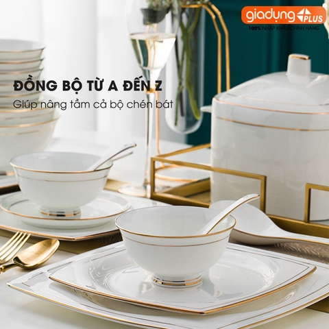 Bộ chén bát sứ WHITE LUXURY viền vàng cao cấp nhập khẩu - Set 10 người ăn gồm chén, bát, đĩa, tô, nồi, muỗng, đũa.. - Gia dụng Plus