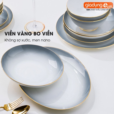 Bộ chén bát sứ Gradient Xám (Grey Gradient) cao cấp nhập khẩu - Set 10 người ăn gồm chén, bát, đĩa, tô, nồi sứ - Gia dụng Plus