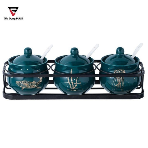 Bộ Ba Hộp Gia Vị Gốm Sang Trọng - Màu Ngọc Lục Bảo - Đặt Bàn & Treo Tường Cho Nhà Bếp | QianHuiju - Gia dụng Plus