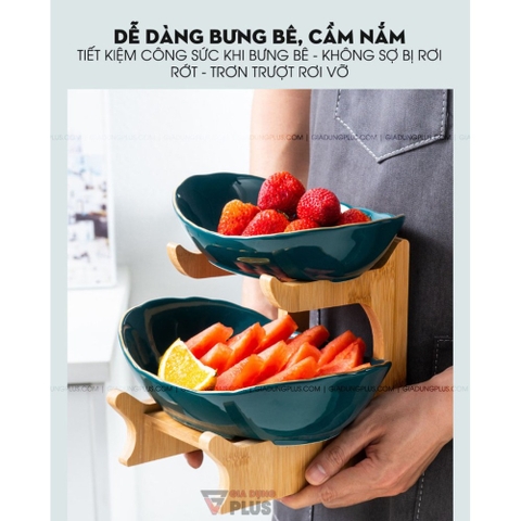 【Xả Kho】Đĩa Trái Cây Gốm Sứ Nhiều Tầng Kèm Kệ Gỗ Sang Trọng | Màu Xanh Ngọc Lục Bảo & Màu Trắng | Phong Cách Bắc Âu