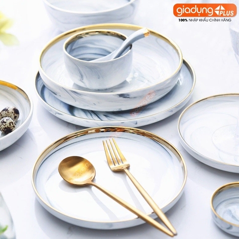 🔴OUTLET | Chén chấm, chán ăn cơm, tô bát & đĩa sứ màu trắng vân đá viền vàng sang trọng phong cách Bắc Âu