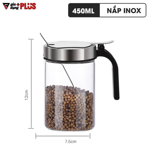 Lọ Đựng Gia Vị Nắp Bật Thuỷ Tinh Borosilicate Chống Ẩm, Có Tay Cầm Viền INOX 304 | Tặng Kèm Muỗng INOX 304 | Kuake - Gia dụng Plus