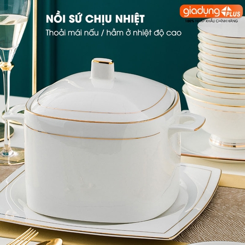 Bộ chén bát sứ WHITE LUXURY viền vàng cao cấp nhập khẩu - Set 10 người ăn gồm chén, bát, đĩa, tô, nồi, muỗng, đũa.. - Gia dụng Plus
