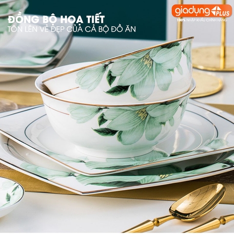 Bộ chén bát sứ BÁCH HỢP (Lily Flowers) cao cấp nhập khẩu - Set 10 người ăn gồm chén, bát, đĩa, tô, nồi, muỗng, đũa.. - Gia dụng Plus