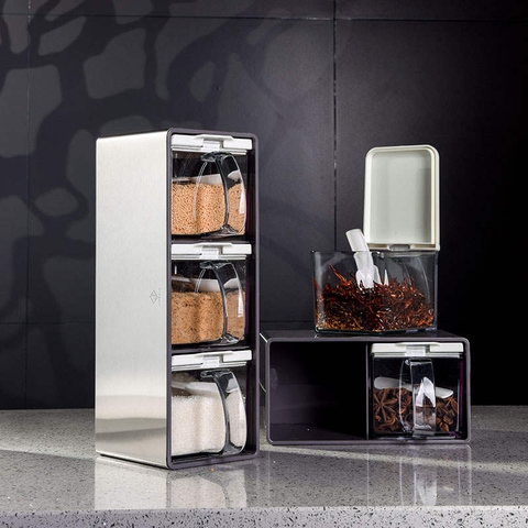 Bộ Lọ Đựng Gia Vị Nhựa AS Kèm Kệ Đặt Bằng Inox 304 | Phong Cách Nhật Bản Cao Cấp JIANXIA (JX-0305) - Gia dụng Plus