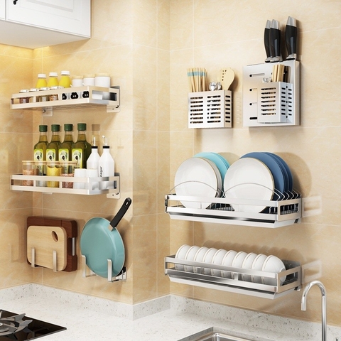 🔴OUTLET | Kệ giá dán tường bếp INOX 304 cao cấp đựng hủ lọ gia vị, chai lọ, chén, đĩa, dao, vung nồi