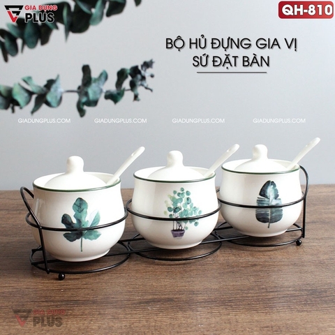 🔴OUTLET | Bộ hủ đựng gia vị sứ kèm kệ đặt bàn màu trắng, trang trí nhẹ nhàng theo phong cách Bắc Âu