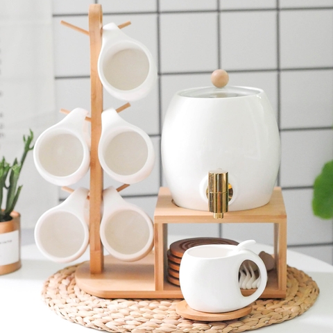 Bộ Chum Đựng Nước & Rượu, Kèm Tách Bằng Gốm Sứ & Kệ Gỗ Sang Trọng | Màu Xanh Ngọc Lục Bảo Cao Cấp - Gia dụng Plus