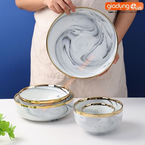 🔴OUTLET | Chén chấm, chán ăn cơm, tô bát & đĩa sứ màu trắng vân đá viền vàng sang trọng phong cách Bắc Âu