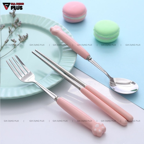 🔴OUTLET | Bộ muỗng đũa nĩa cá nhân bằng sứ cao cấp (hoạ tiết chân mèo) cho dân văn phòng, học sinh