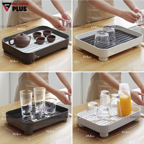 Khay trà nhựa chữ nhật, khay úp cốc ly 2 lớp ráo nước cao cấp - Hàng nhập khẩu chính hãng, chống bám bẩn JIANXIA