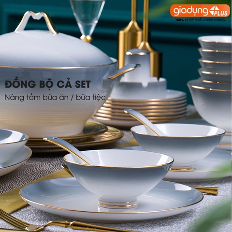 Bộ chén bát sứ Gradient Xám (Grey Gradient) cao cấp nhập khẩu - Set 10 người ăn gồm chén, bát, đĩa, tô, nồi sứ - Gia dụng Plus