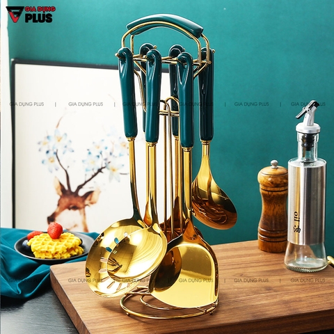Bộ Thìa / Muôi / Muỗng /Xẻng Nấu Ăn Đa Năng Gốm Sứ Và Giá Treo Gọn Gàng (7 Món) Cao Cấp | Qianhuiju - Gia dụng Plus