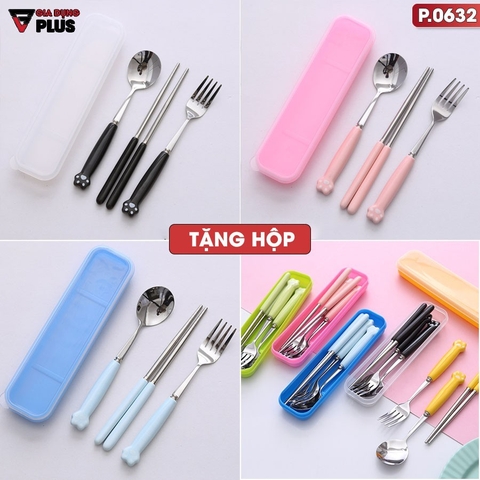 🔴OUTLET | Bộ muỗng đũa nĩa cá nhân bằng sứ cao cấp (hoạ tiết chân mèo) cho dân văn phòng, học sinh