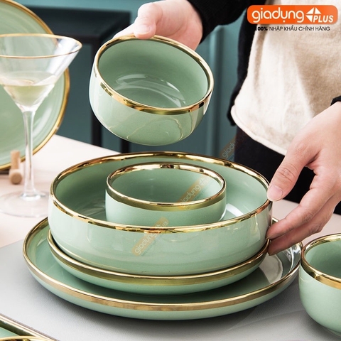 🔴OUTLET | Bộ chén bát sứ cao cấp màu xám xanh viền vàng sang trọng phong cách Bắc Âu (Set 22 món, 32 món, 40 món)
