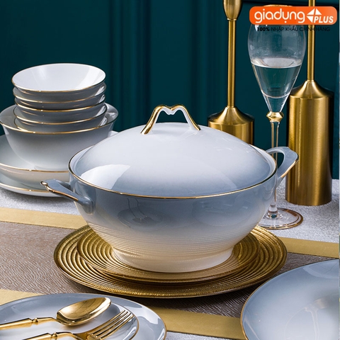 Bộ chén bát sứ Gradient Xám (Grey Gradient) cao cấp nhập khẩu - Set 10 người ăn gồm chén, bát, đĩa, tô, nồi sứ - Gia dụng Plus