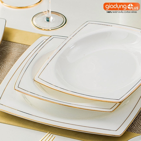 Bộ chén bát sứ WHITE LUXURY viền vàng cao cấp nhập khẩu - Set 10 người ăn gồm chén, bát, đĩa, tô, nồi, muỗng, đũa.. - Gia dụng Plus