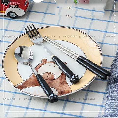 Bộ Đồ Ăn Cá Nhân Gồm Đũa / Muỗng / Nĩa Cao Cấp Tay Cầm Sứ Hình Chân Mèo Dễ Thương | Qianhuiju - Gia dụng Plus