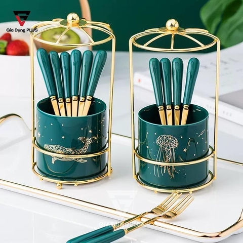 【Xả Kho】Bộ Ống Đựng Nĩa, Muỗng Bằng Sứ + 6 Nĩa Inox 304 Màu Xanh Lưu Ly