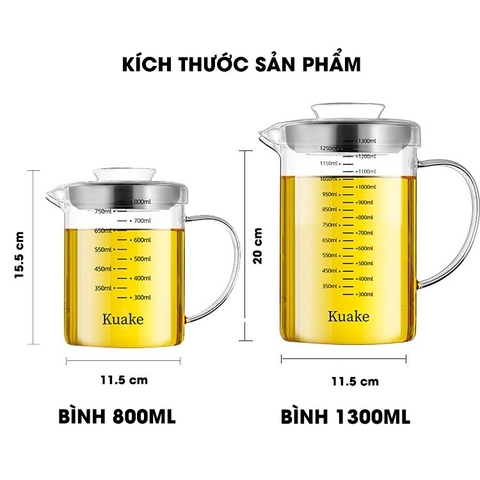 Ca Lọc Dầu Ăn Thuỷ Tinh Borosilicate, Bình Lọc Dầu Ăn Nắp Inox 304 Cao Cấp Dung Tích Lớn (800ML, 1000ML, 1300ML) PHALEDO