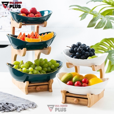 【Xả Kho】Đĩa Trái Cây Gốm Sứ Nhiều Tầng Kèm Kệ Gỗ Sang Trọng | Màu Xanh Ngọc Lục Bảo & Màu Trắng | Phong Cách Bắc Âu