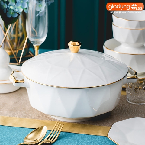 Bộ chén bát sứ KIM CƯƠNG (White Diamons) cao cấp nhập khẩu - Set 10 người ăn gồm chén, bát, đĩa, tô, nồi, muỗng, đũa.. - Gia dụng Plus