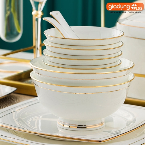Bộ chén bát sứ WHITE LUXURY viền vàng cao cấp nhập khẩu - Set 10 người ăn gồm chén, bát, đĩa, tô, nồi, muỗng, đũa.. - Gia dụng Plus