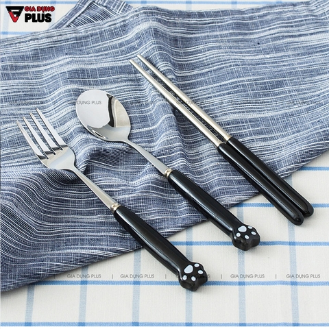 Bộ Đồ Ăn Cá Nhân Gồm Đũa / Muỗng / Nĩa Cao Cấp Tay Cầm Sứ Hình Chân Mèo Dễ Thương | Qianhuiju - Gia dụng Plus