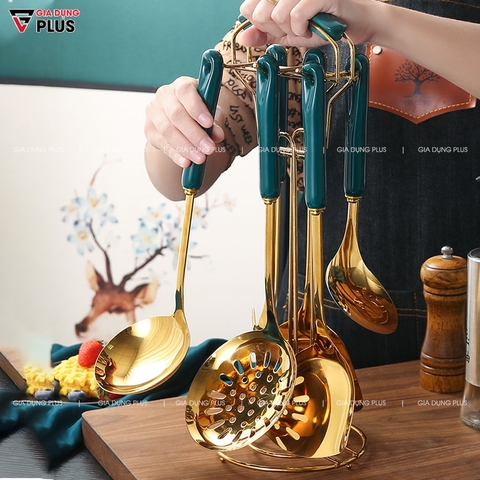 Bộ Thìa / Muôi / Muỗng /Xẻng Nấu Ăn Đa Năng Gốm Sứ Và Giá Treo Gọn Gàng (7 Món) Cao Cấp | Qianhuiju - Gia dụng Plus