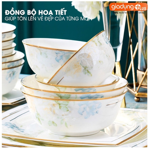 Bộ chén bát sứ HOA MỘNG ẢO (Mona Lavender) cao cấp nhập khẩu - Set 10 người ăn gồm chén, bát, đĩa, tô, nồi, muỗng, đũa.. - Gia dụng Plus