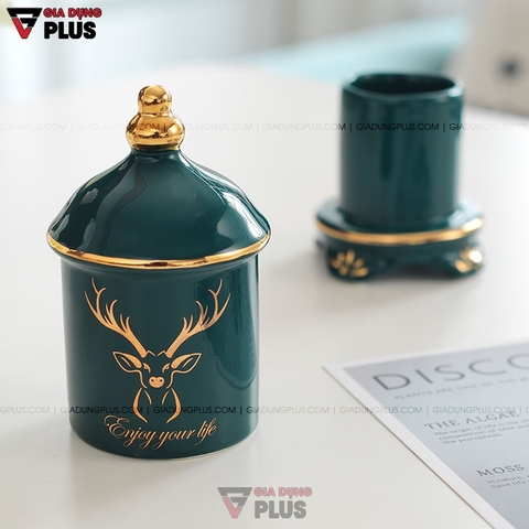 【Xả Kho】Ống Đựng Tăm Đặt Bàn Gốm Sứ Sang Trọng Với Màu Xanh Ngọc Lục Bảo | Có Nắp Đậy Kín & Viền Vàng Nổi Bật
