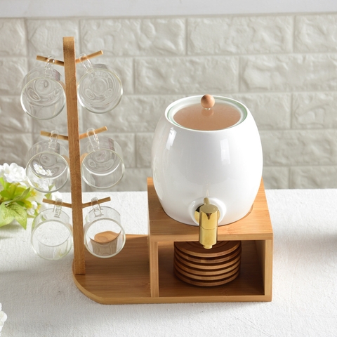 Bộ Chum Đựng Nước & Rượu, Kèm Tách Bằng Gốm Sứ & Kệ Gỗ Sang Trọng | Màu Xanh Ngọc Lục Bảo Cao Cấp - Gia dụng Plus