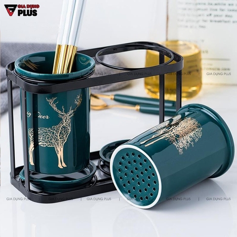 🔴OUTLET | Hộp đựng đũa sứ, thìa, muỗng sứ dán tường & đặt bàn - màu xanh ngọc lục bảo (xanh cổ vịt)