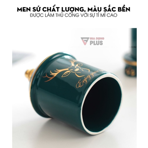 【Xả Kho】Ống Đựng Tăm Đặt Bàn Gốm Sứ Sang Trọng Với Màu Xanh Ngọc Lục Bảo | Có Nắp Đậy Kín & Viền Vàng Nổi Bật