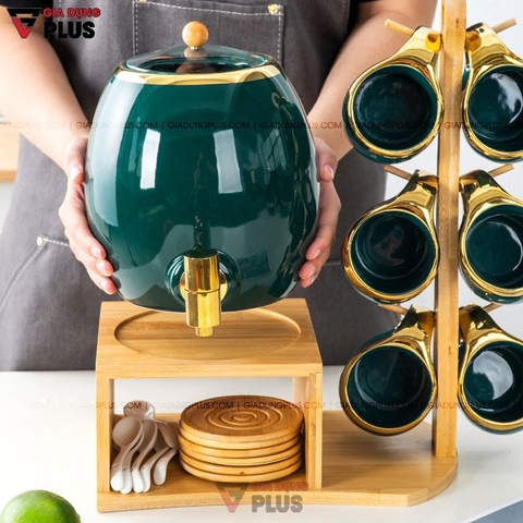 Bộ Chum Đựng Nước Kèm Tách Bằng Gốm Sứ & Kệ Gỗ Sang Trọng | Màu Xanh Ngọc Lục Bảo Cao Cấp