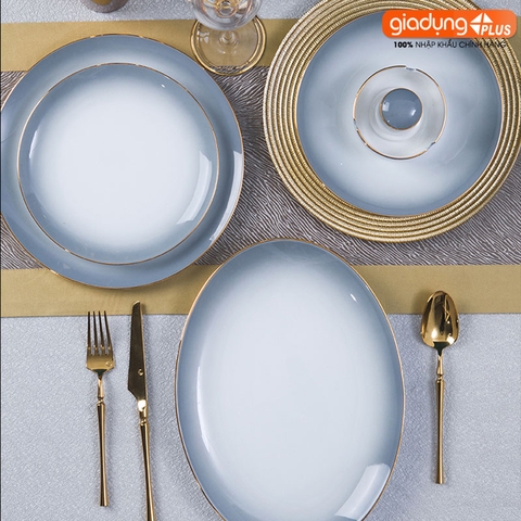 Bộ chén bát sứ Gradient Xám (Grey Gradient) cao cấp nhập khẩu - Set 10 người ăn gồm chén, bát, đĩa, tô, nồi sứ - Gia dụng Plus
