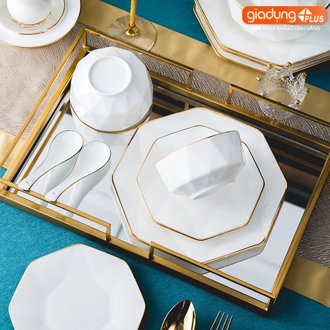 Bộ chén bát sứ KIM CƯƠNG (White Diamons) cao cấp nhập khẩu - Set 10 người ăn gồm chén, bát, đĩa, tô, nồi, muỗng, đũa.. - Gia dụng Plus