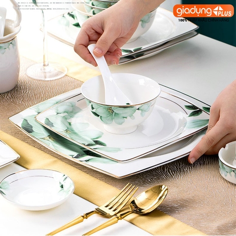 Bộ chén bát sứ BÁCH HỢP (Lily Flowers) cao cấp nhập khẩu - Set 10 người ăn gồm chén, bát, đĩa, tô, nồi, muỗng, đũa.. - Gia dụng Plus