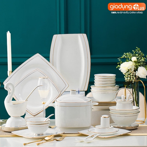 Bộ chén bát sứ WHITE LUXURY viền vàng cao cấp nhập khẩu - Set 10 người ăn gồm chén, bát, đĩa, tô, nồi, muỗng, đũa.. - Gia dụng Plus